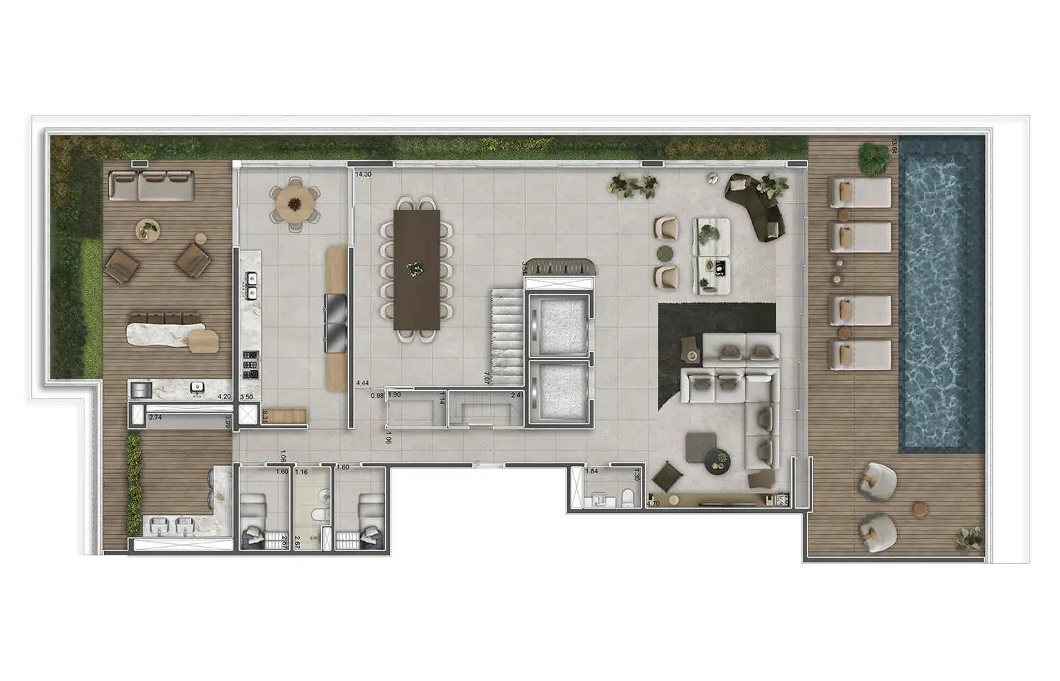 Planta-padrão (duplex inferior) · 654 m²