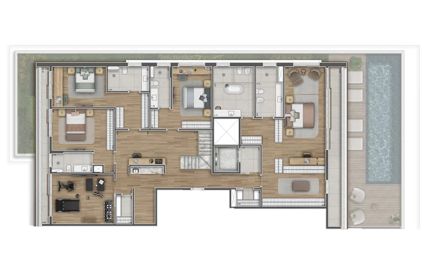 Planta-padrão (duplex superior) · 654 m²